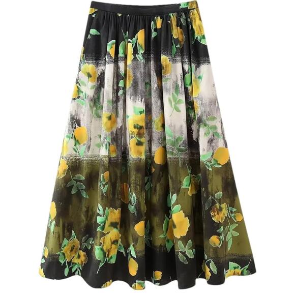 ZARA Floral Print Midi Skirt High Waisted Size S 100% Cotton Zip Side Closure - Picture 9 of 9
